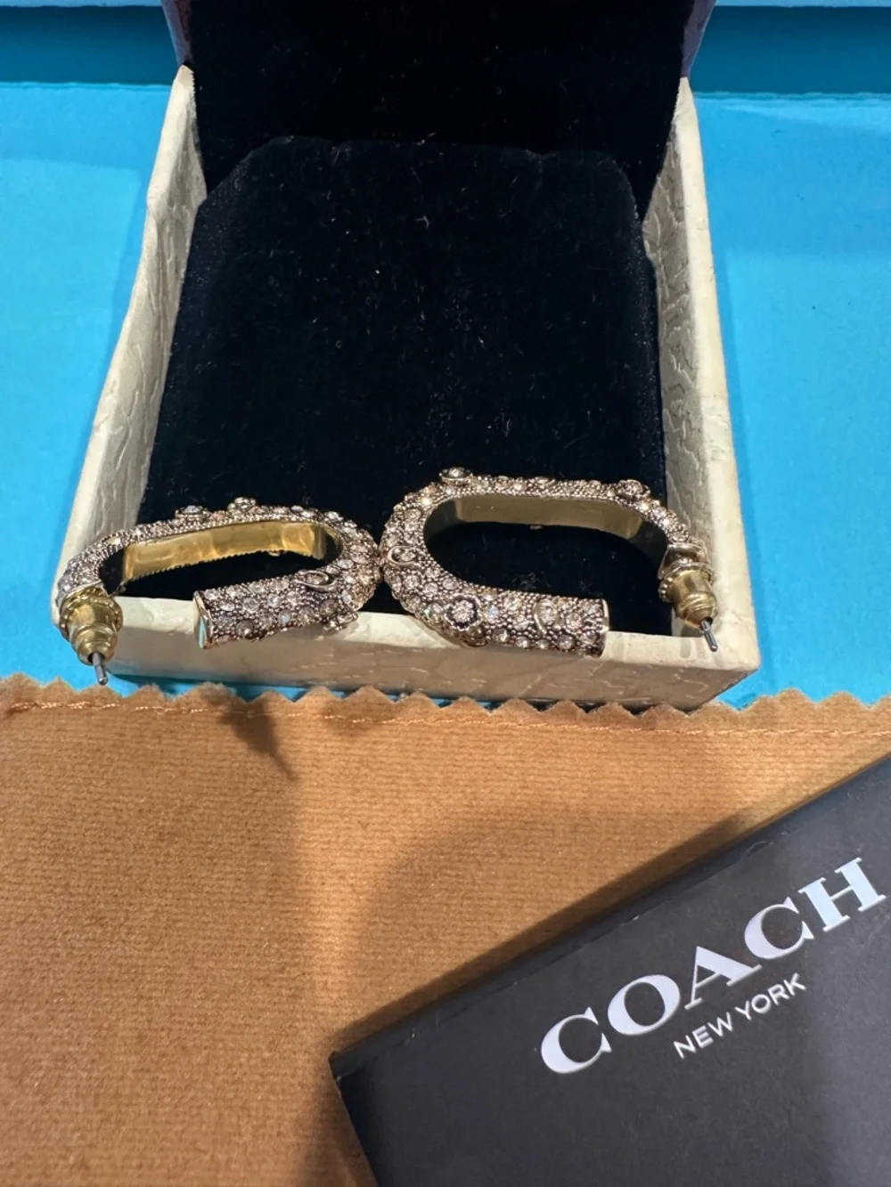 Coach Gold Tone Pavé Floral Oval Hoop Earrings Crystal Hoop Earrings NWT - Picture 6 of 11
